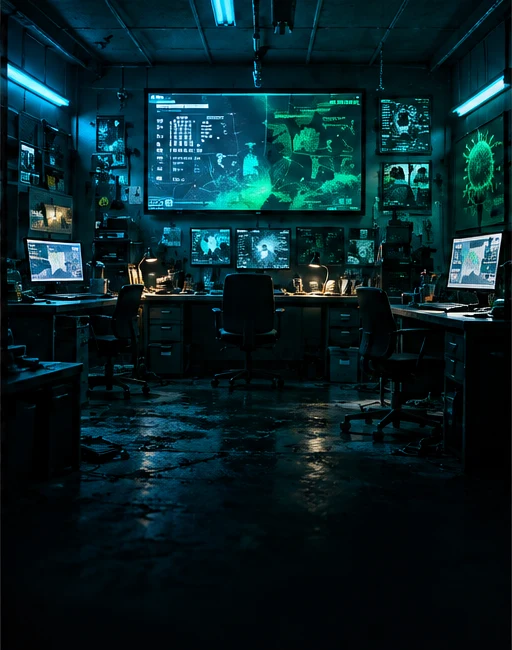 Sala de investigación iluminada por pantallas azules